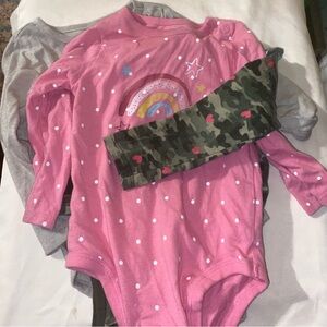 3 garanimals onsies camflouge pink w/polka dots and a gray one